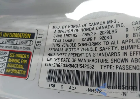 2012 Honda Civic Ex from USA, damaged, VIN 2HGFG3B84CH542052